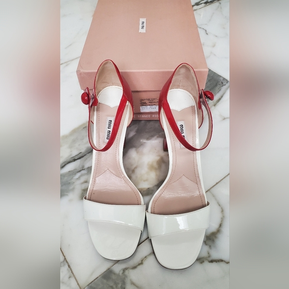 Miu Miu - 10.5 -Colorblock Pattern Patent Leather shoes Sandals - red/white - - Picture 2 of 8